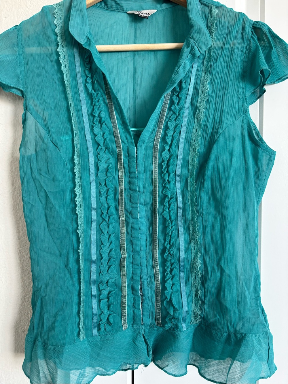 Guess Teal Ruffled Sheer Blouse